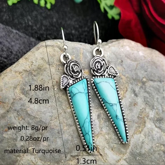 🔴 CLEARANCE 🌹 NWT 925 SILVER PLATED FAUX TURQUOISE DANGLE ROSE EARRINGS - Picture 3 of 3